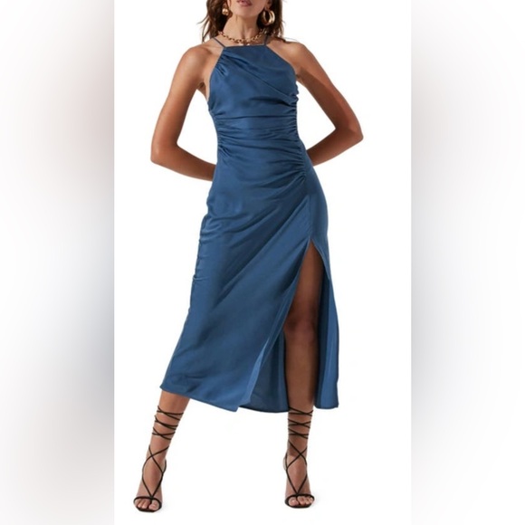 Square Neck Cross Back Satin Maxi Dress in Steel Blue main image 0